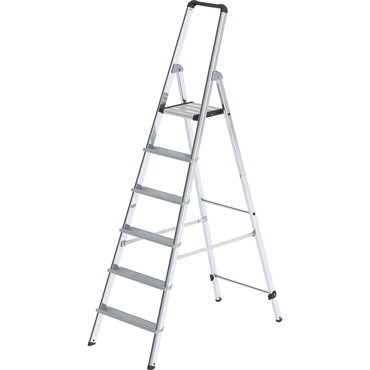 MUNK – Escalera tipo tijera de peldaños planos de aluminio, de ascenso por un lado, con larguero ergonómico y bandeja, 6 peldaños