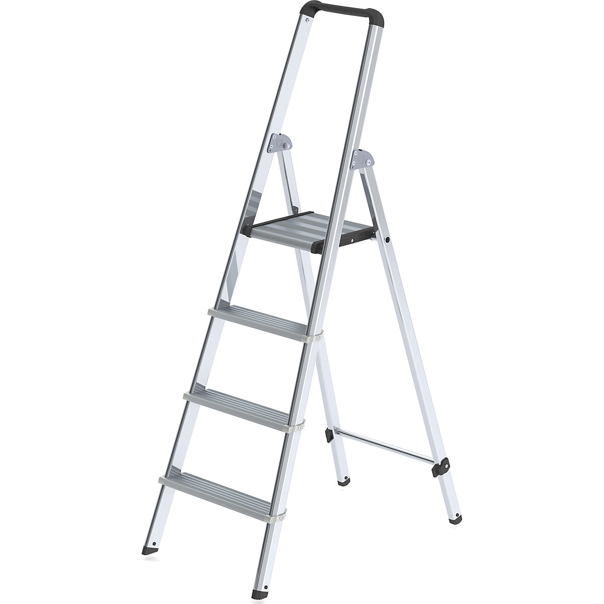 MUNK – Escalera tipo tijera de peldaños planos de aluminio, de ascenso por un lado, con larguero ergonómico y bandeja, 4 peldaños