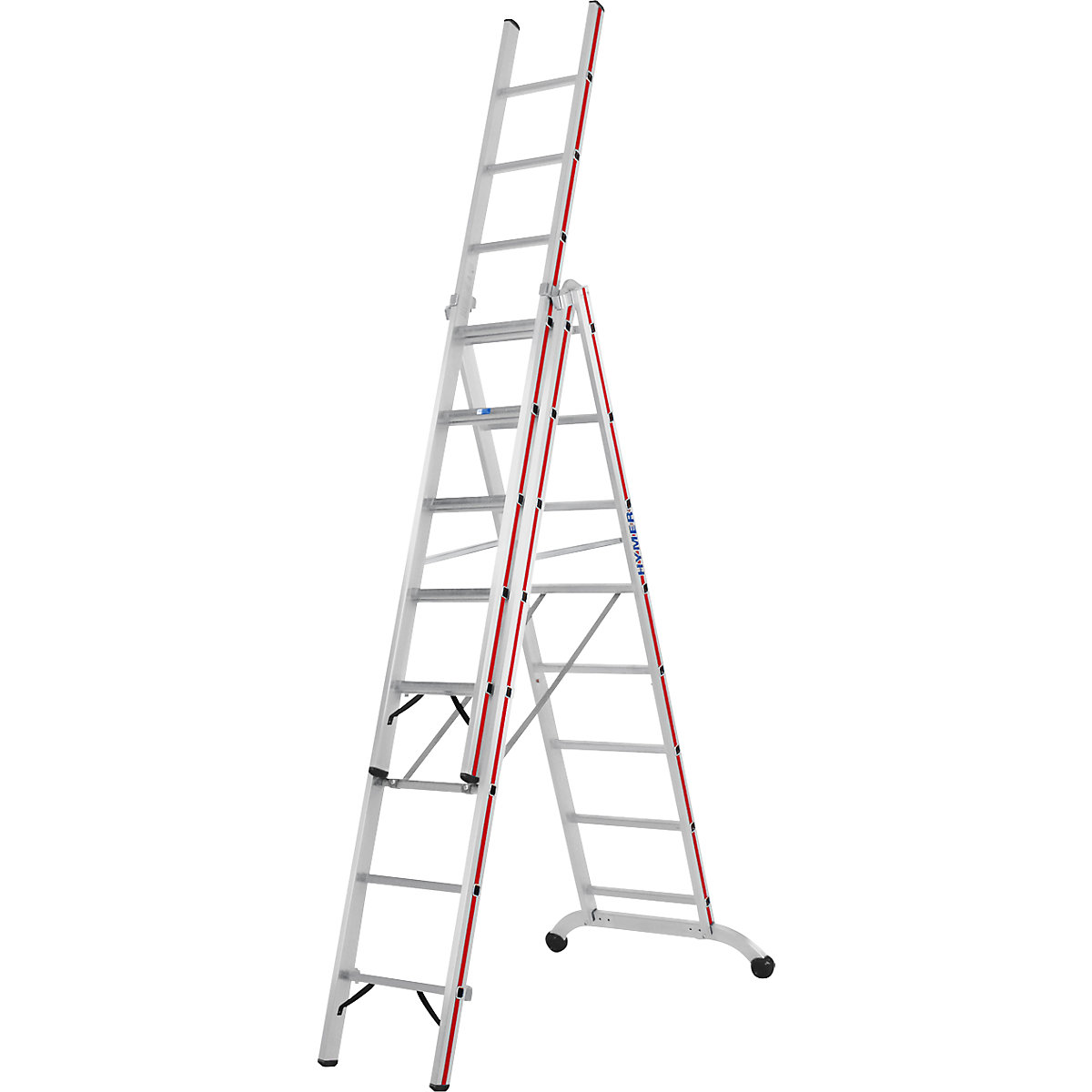 Escalera multiusos de aluminio – HYMER, modelo industrial, 3 x 8 peldaños, altura máx. de trabajo 6,35 m-10