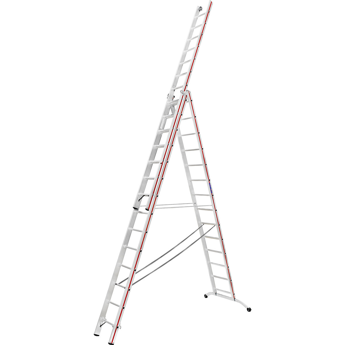 Escalera multiusos de aluminio – HYMER, modelo industrial con cabezal rodante, 3 x 14 peldaños, altura máx. de trabajo 10,42 m-11