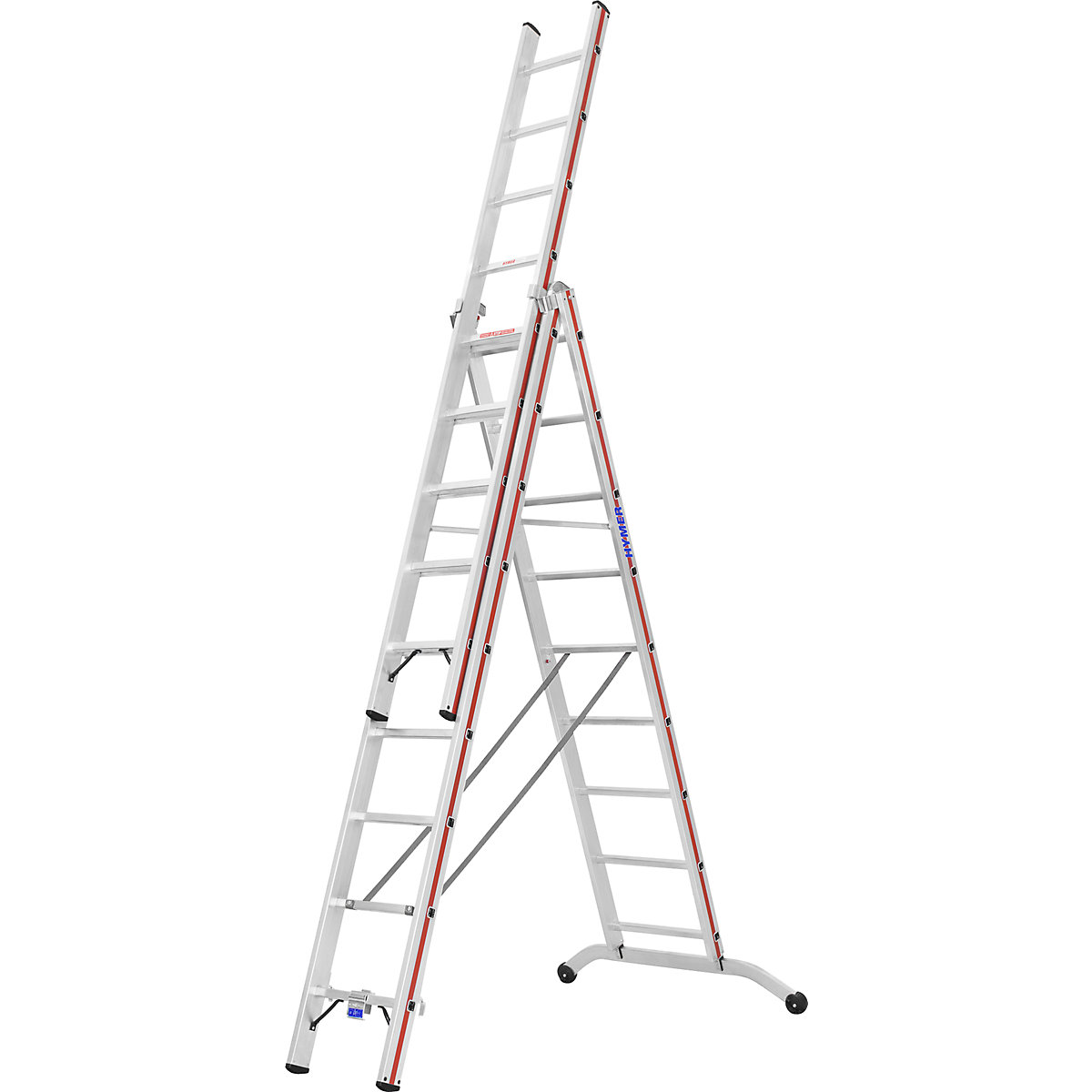 Escalera multiusos de aluminio – HYMER, modelo industrial, 3 x 9 peldaños, altura máx. de trabajo 7,45 m-9