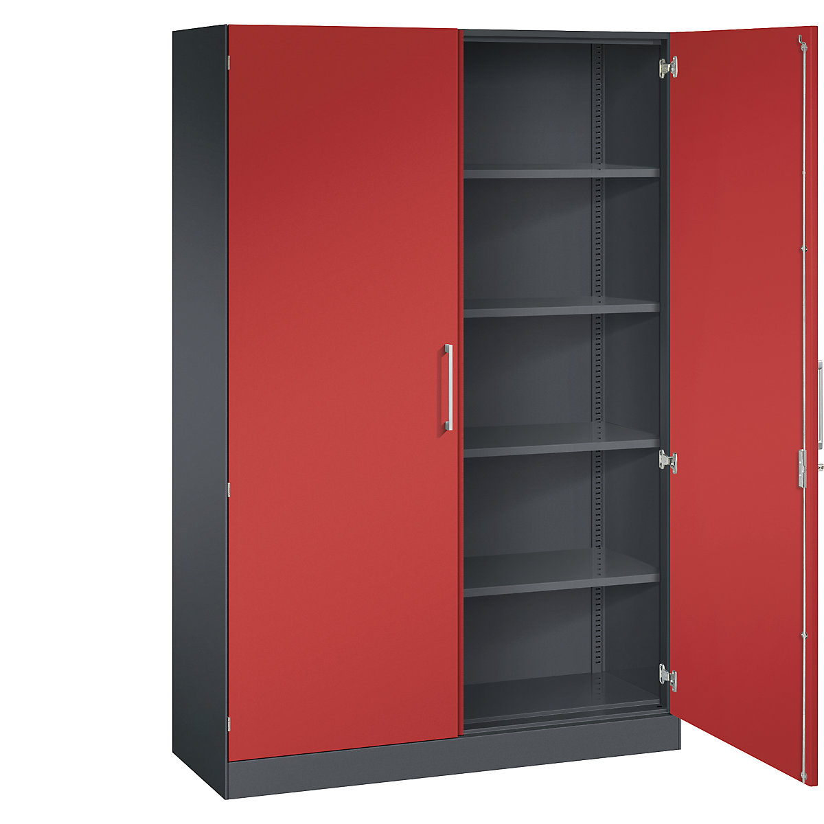Armário de portas de batente ASISTO, altura 1980 mm – C+P, largura 1200 mm, 4 prateleiras, preto acinzentado/vermelho fogo-9