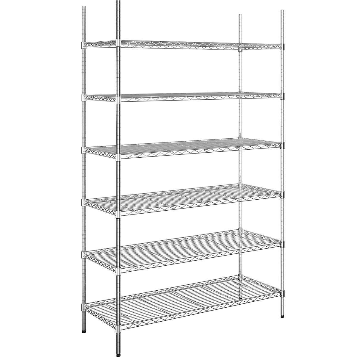 Estantería de malla de alambre de acero, cromada, carga por balda 100 kg, A x P 1220 x 610 mm, estantería básica, altura 2180 mm, 6 baldas