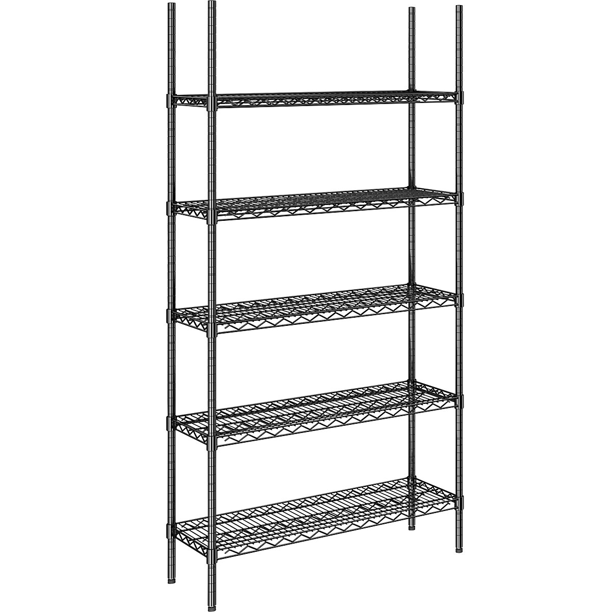 Estantería de malla de alambre de acero, negra, carga por balda 250 kg, A x P 910 x 360 mm, estantería básica, altura 1880 mm, 5 baldas