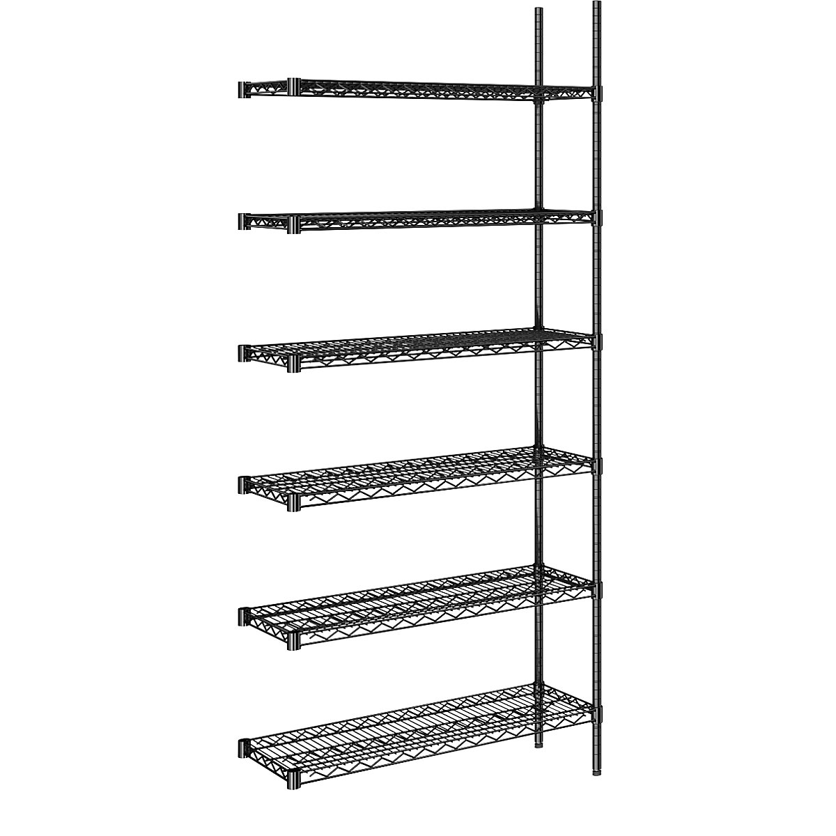 Estantería de malla de alambre de acero, negra, carga por balda 250 kg, A x P 910 x 360 mm, estantería de ampliación, altura 2180 mm, 6 baldas