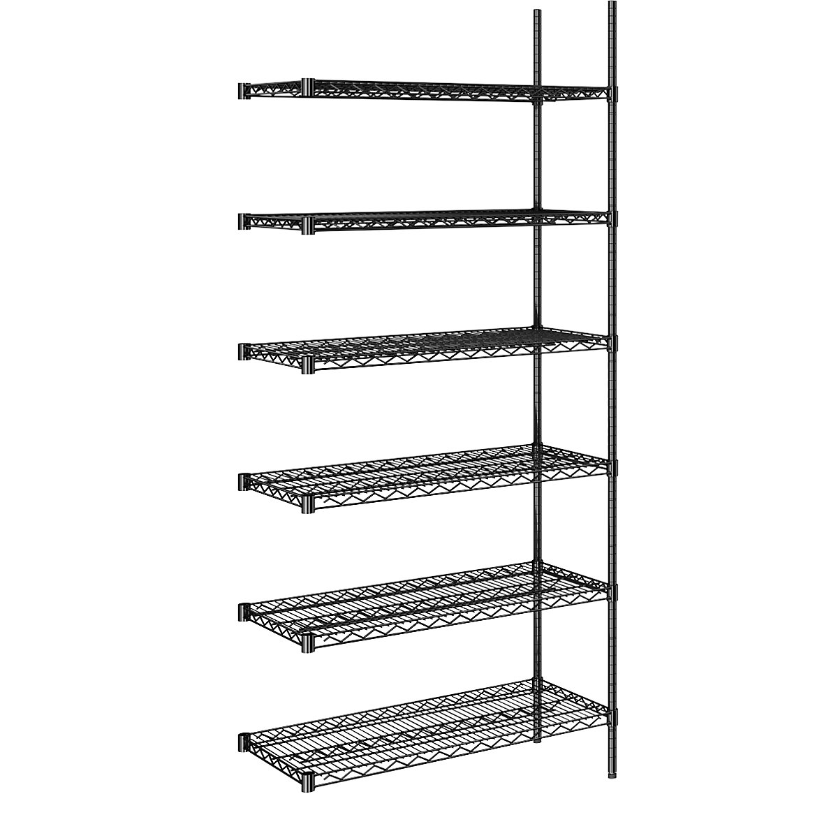 Estantería de malla de alambre de acero, negra, carga por balda 250 kg, A x P 910 x 460 mm, estantería de ampliación, altura 2180 mm, 6 baldas