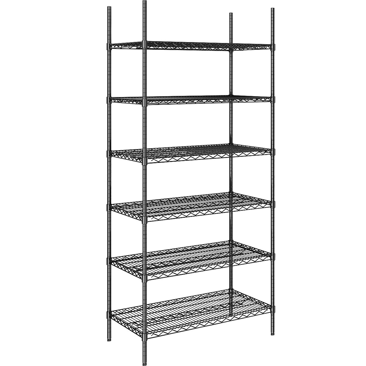 Estantería de malla de alambre de acero, negra, carga por balda 250 kg, A x P 910 x 610 mm, estantería básica, altura 2180 mm, 6 baldas