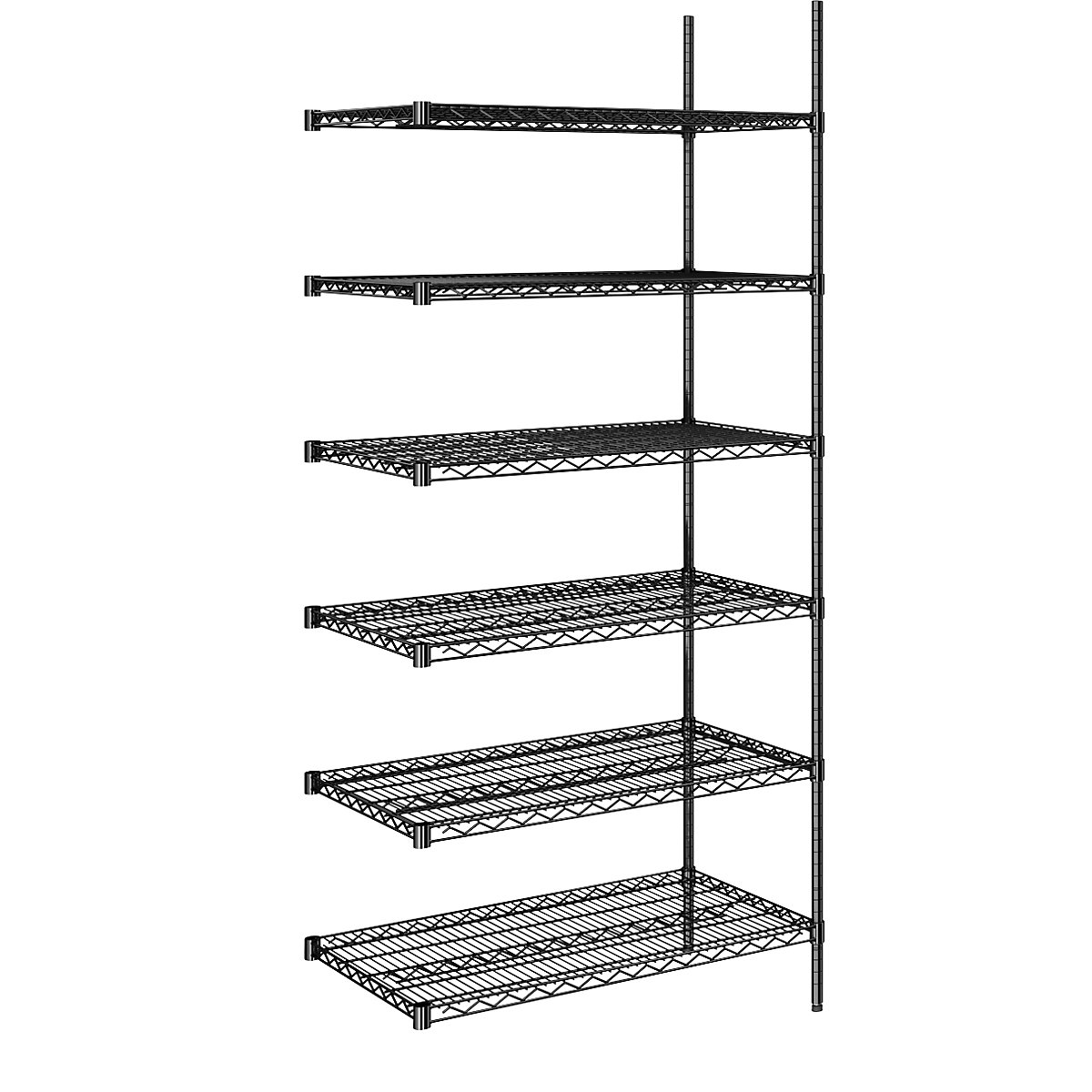 Estantería de malla de alambre de acero, negra, carga por balda 250 kg, A x P 910 x 610 mm, estantería de ampliación, altura 2180 mm, 6 baldas