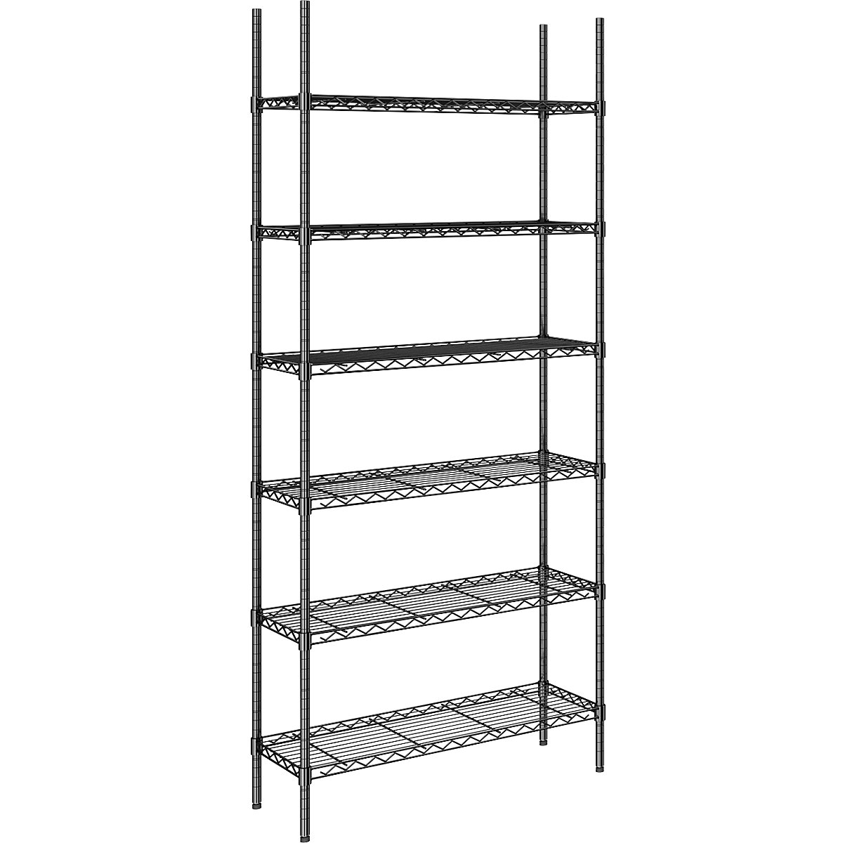 Estantería de malla de alambre de acero, negra, carga por balda 100 kg, A x P 910 x 360 mm, estantería básica, altura 2180 mm, 6 baldas