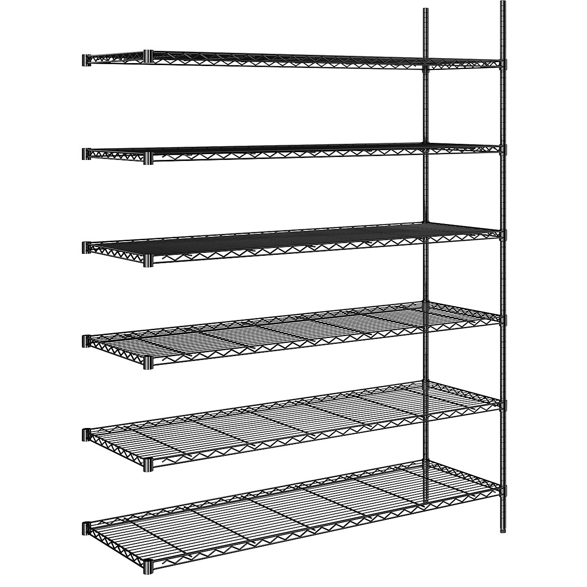 Estantería de malla de alambre de acero, negra, carga por balda 100 kg, A x P 1520 x 610 mm, estantería de ampliación, altura 2180 mm, 6 baldas