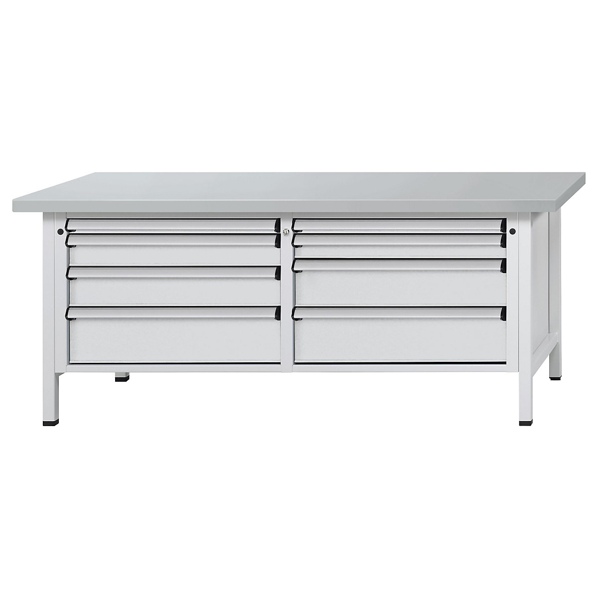 Établi avec tiroirs XL/XXL, sur piétement – ANKE, largeur 2000 mm, 8 tiroirs, plateau à revêtement en tôle d'acier, façade gris clair-10