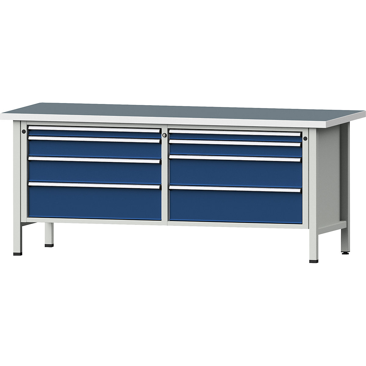 Établi avec tiroirs XL/XXL, sur piétement – ANKE, largeur 2000 mm, 8 tiroirs, plateau universel, façade bleu gentiane-9