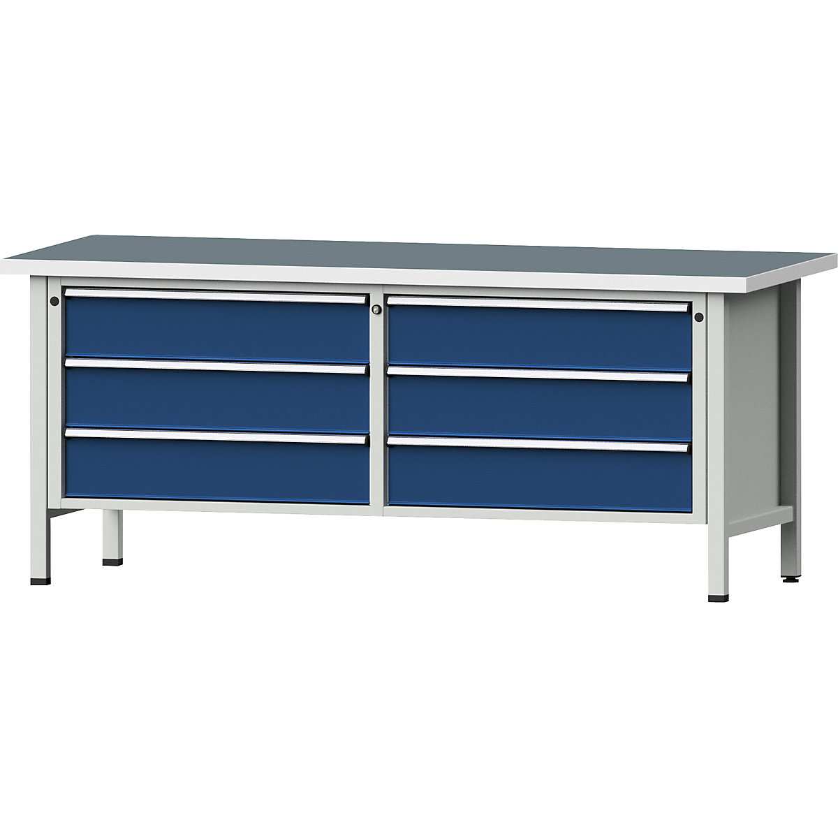 Établi avec tiroirs XL/XXL, sur piétement – ANKE, largeur 2000 mm, 6 tiroirs 180 mm, plateau universel, façade bleu gentiane-11