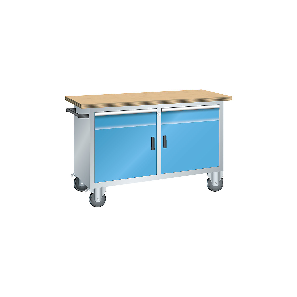 Établi compact mobile – LISTA, 2 tiroirs, 2 portes, 2 tablettes, coloris corps gris clair, coloris façades bleu clair-2
