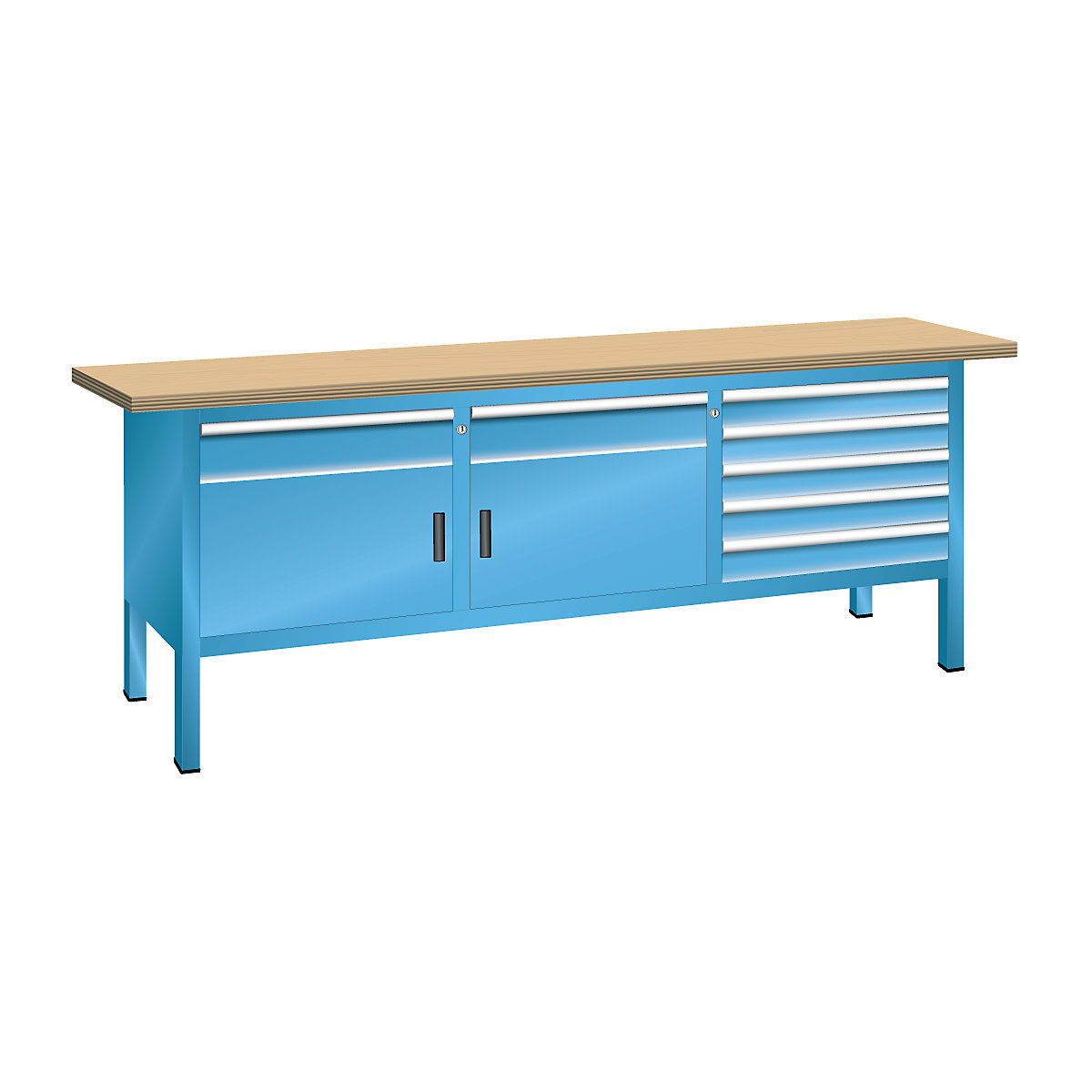 Établi sur piétement – LISTA, largeur 2000 mm, 7 tiroirs, 2 portes, coloris corps bleu clair, coloris façades bleu clair-9