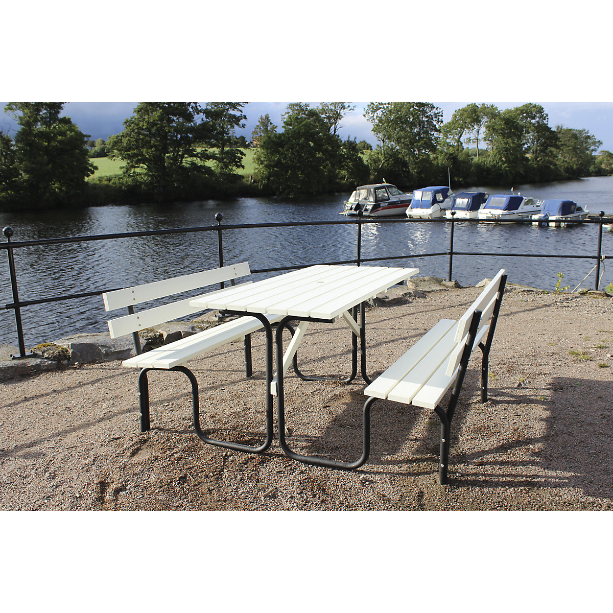 Picnic bench, table with parasol holder and 2 bench seats, white / black-4