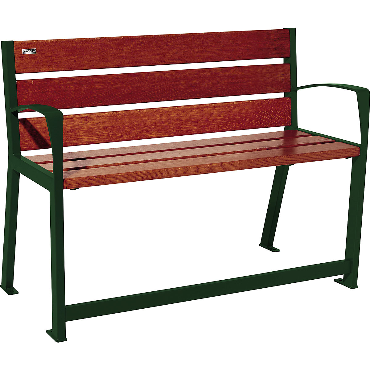 SILAOS® bench made of wood – PROCITY, with back rest, for seniors, length 1200 mm, moss green, mahogany-3