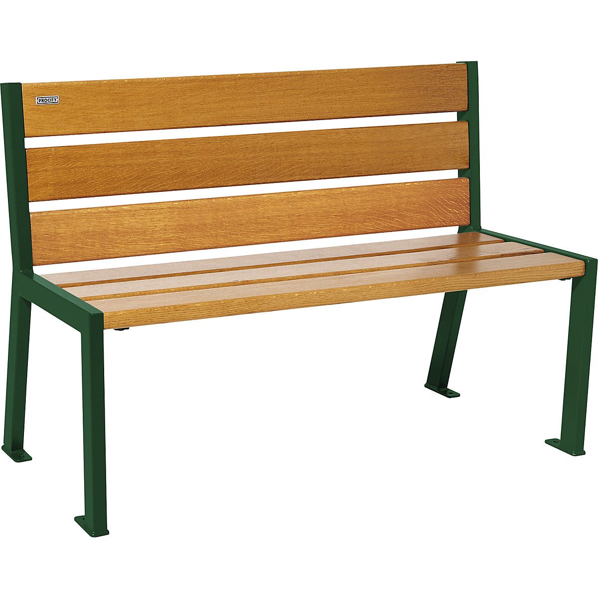 SILAOS® bench made of wood – PROCITY, with back rest, length 1200 mm, moss green RAL 6005, light oak finish-8