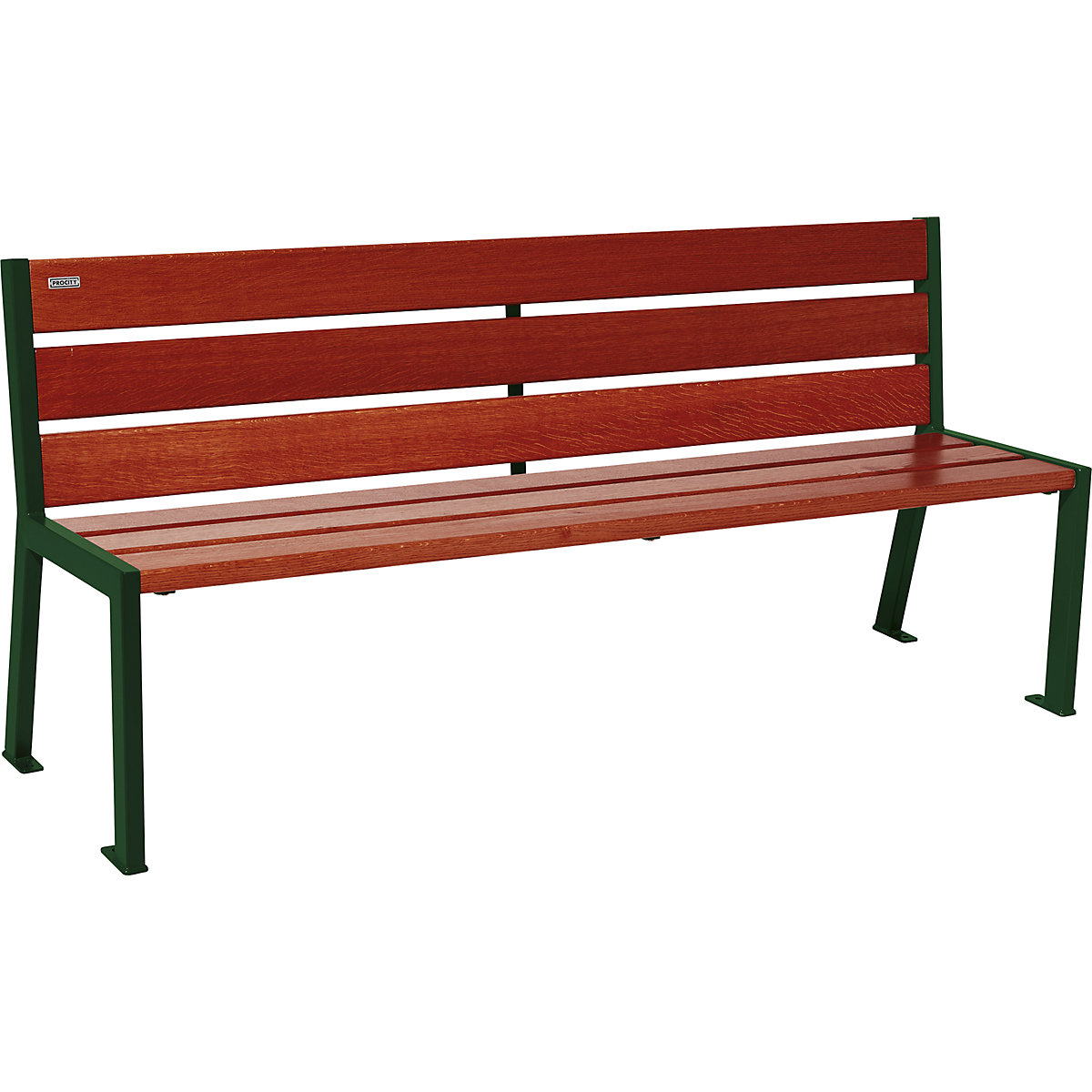 SILAOS® bench made of wood – PROCITY, with back rest, length 1800 mm, moss green RAL 6005, mahogany-3