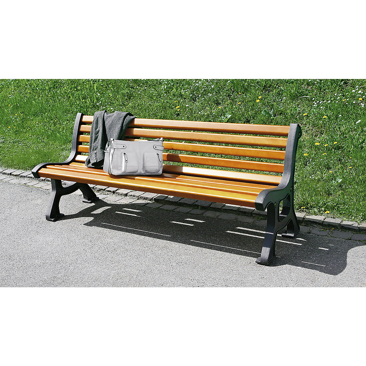 Solid wooden bench, without arm rests, meranti wood slats