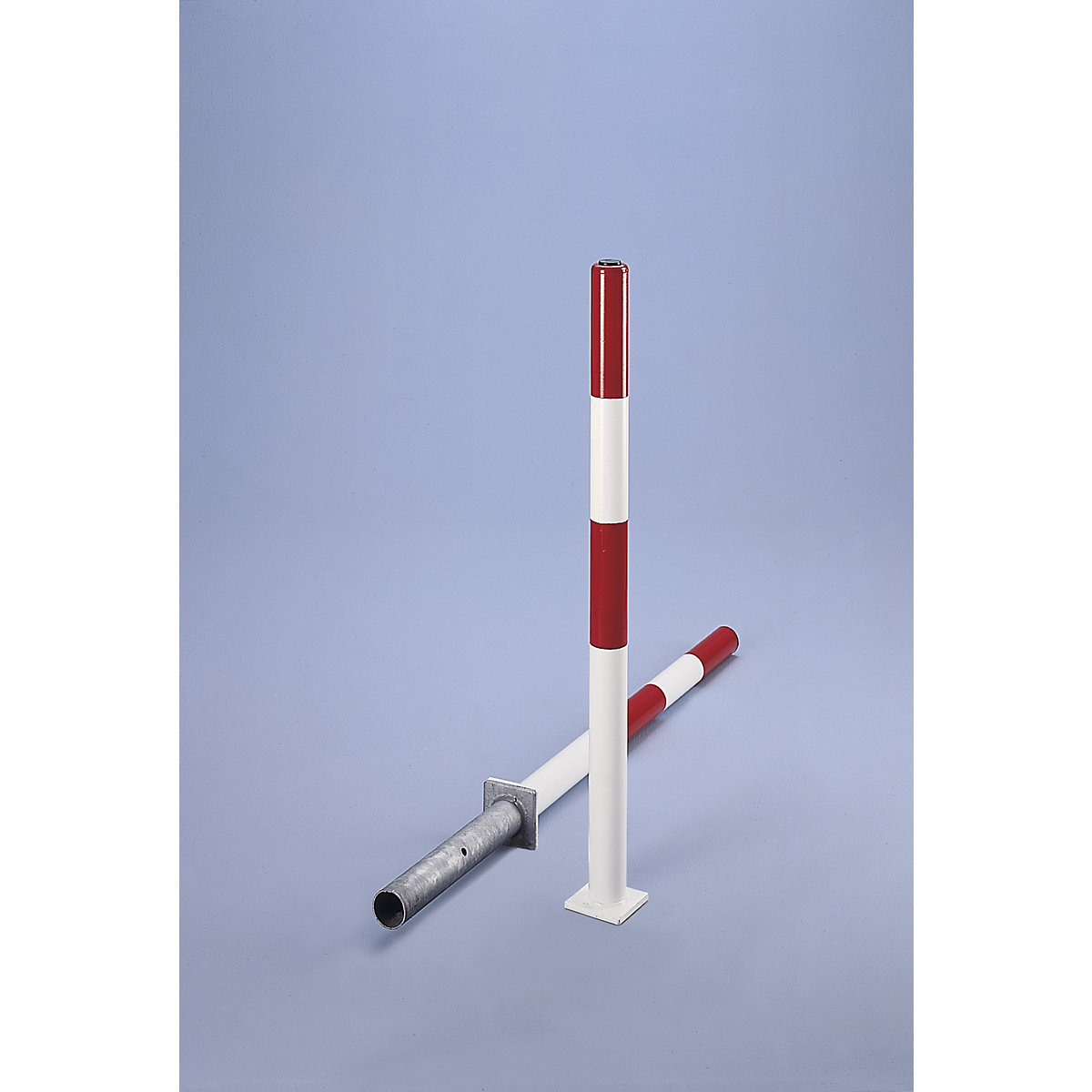 Barrier post made of tubular steel, red / white, for setting in concrete, Ø 60 mm, with cylinder lock incl. 3 keys