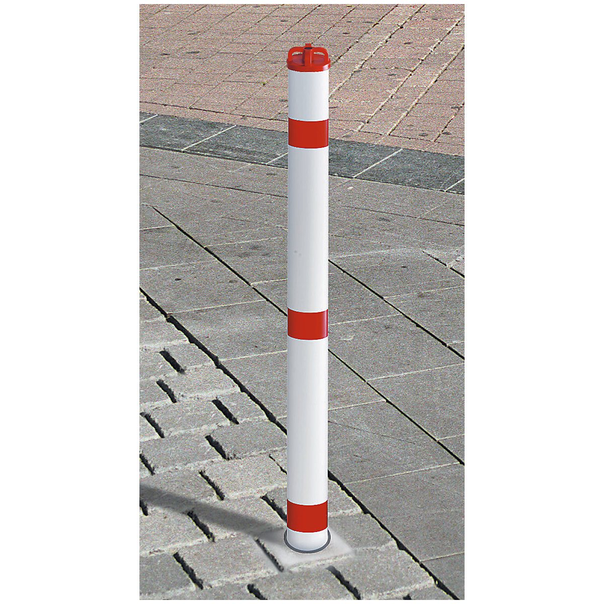 Barrier posts, plastic, with base sleeve, removable, with chain head
