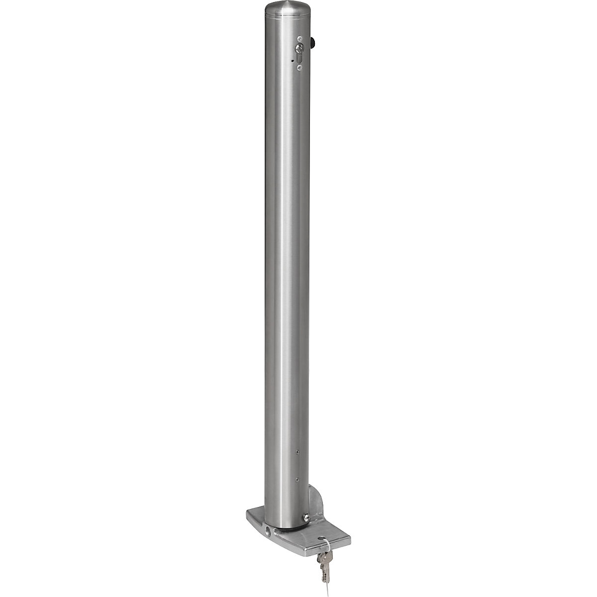 Stainless steel barrier post, with end cap, base plate to bolt in place, Ø 76 mm, profile cylinder