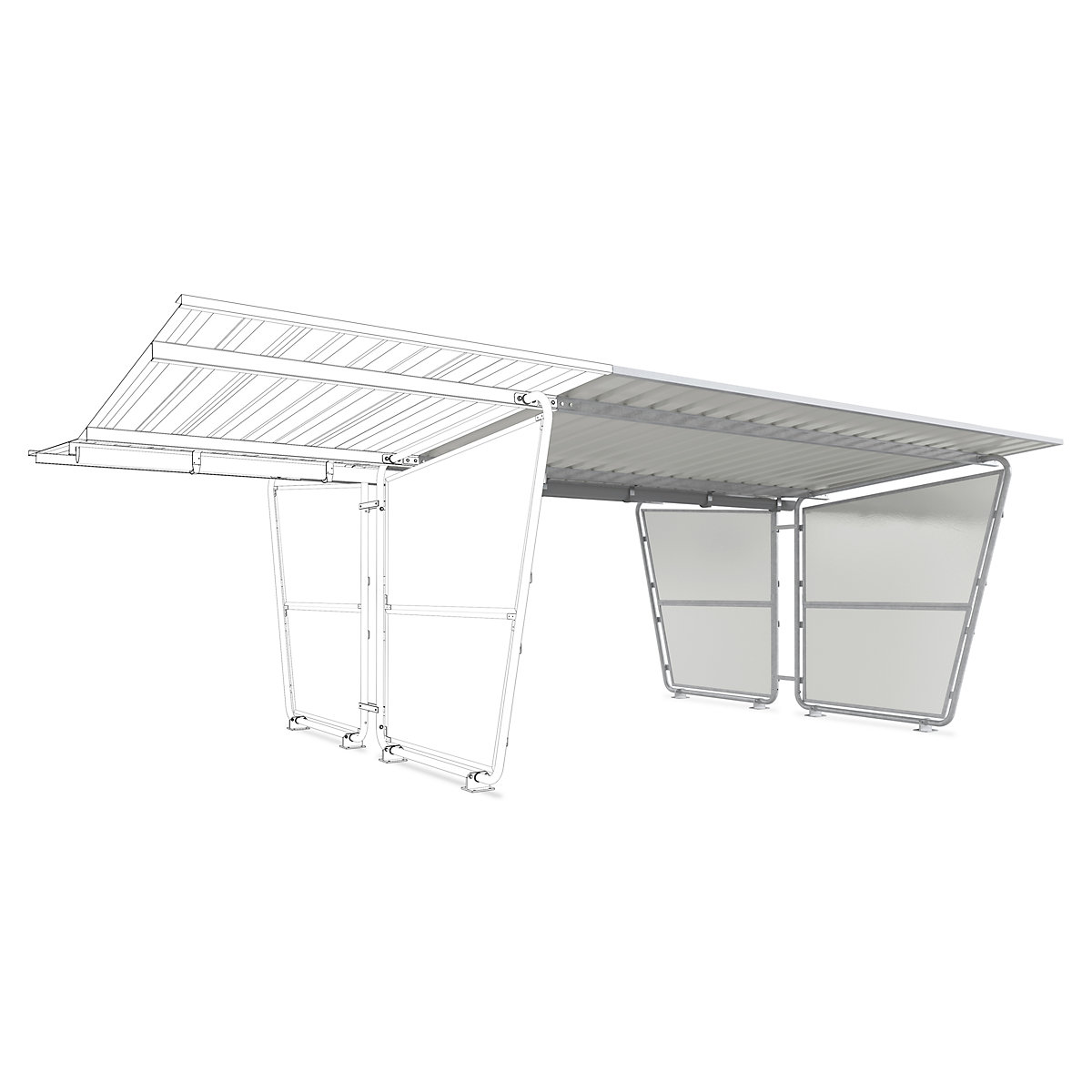 Shelter, extension unit, double sided, made of profiled metal sheet, depth 4660 mm-4