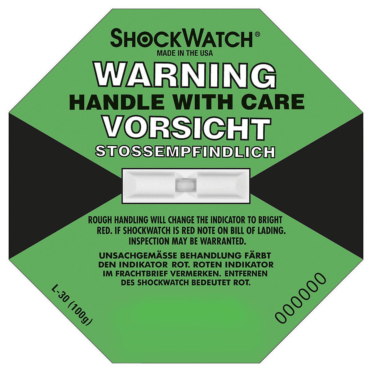 Indicateur de précision Shockwatch®, avec autocollant, lot de 10, 100 g / 50 ms, vert clair, à partir de 5 lots-5