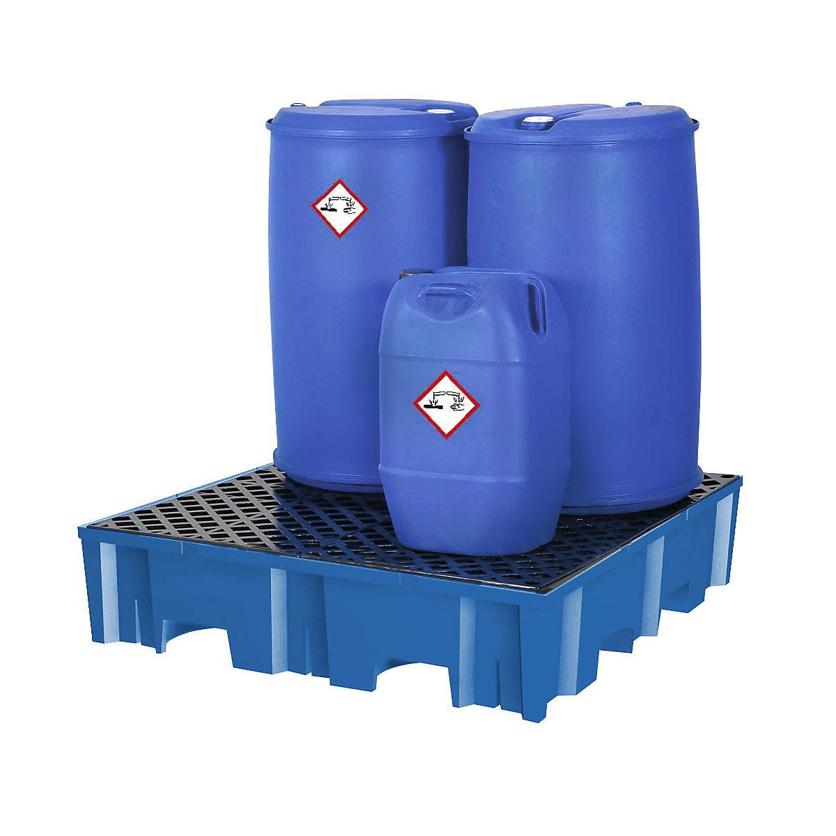 asecos PE-Auffangwanne für 4 x 200-l-Fässer, LxB 1235 x 1235 mm, Auffangvolumen 255 l, mit PE-Rost