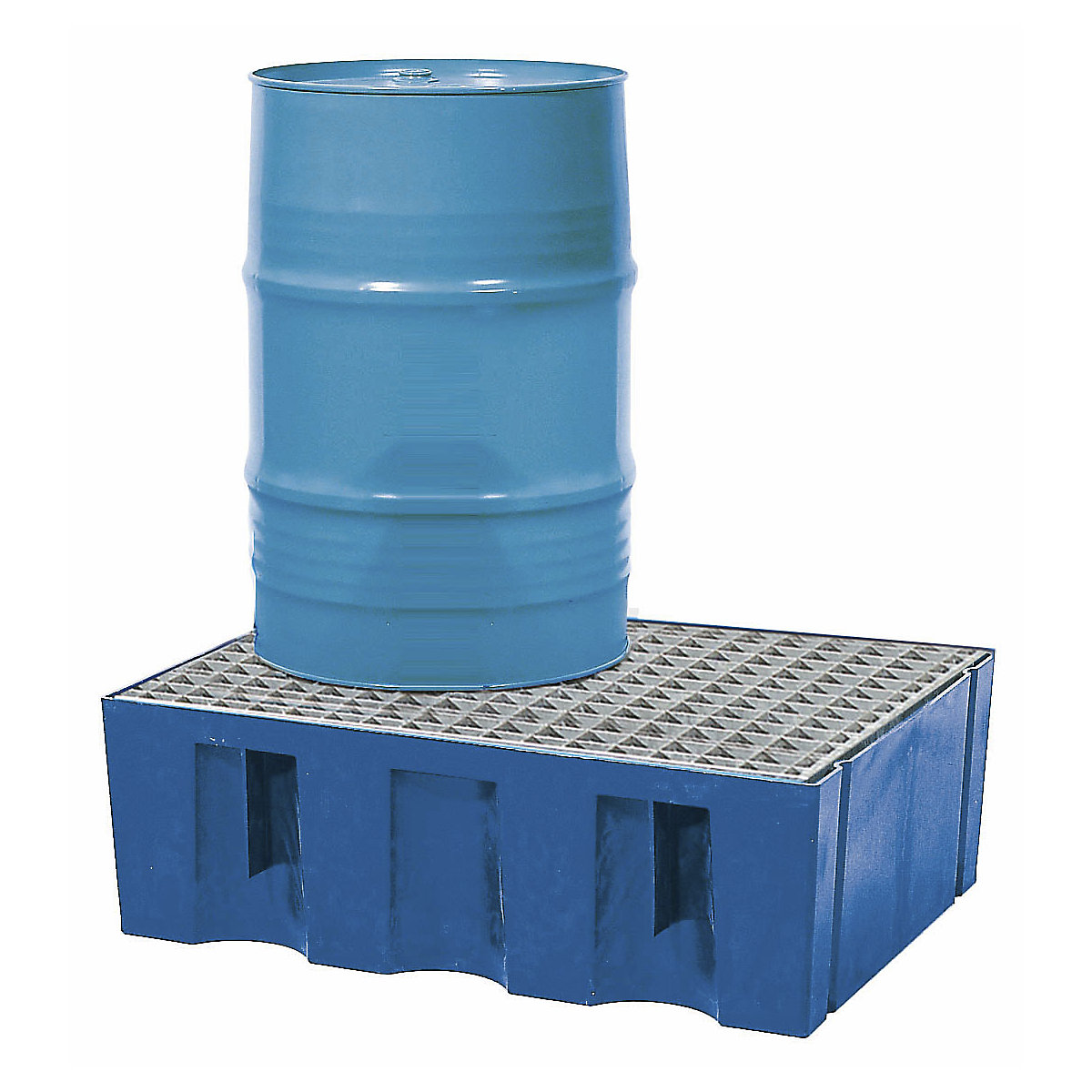 PE-Auffangwanne für 60-Liter-Fässer, Auffangvolumen 60 l, Boden- / Paletten-Wanne, mit verzinktem Gitterrost