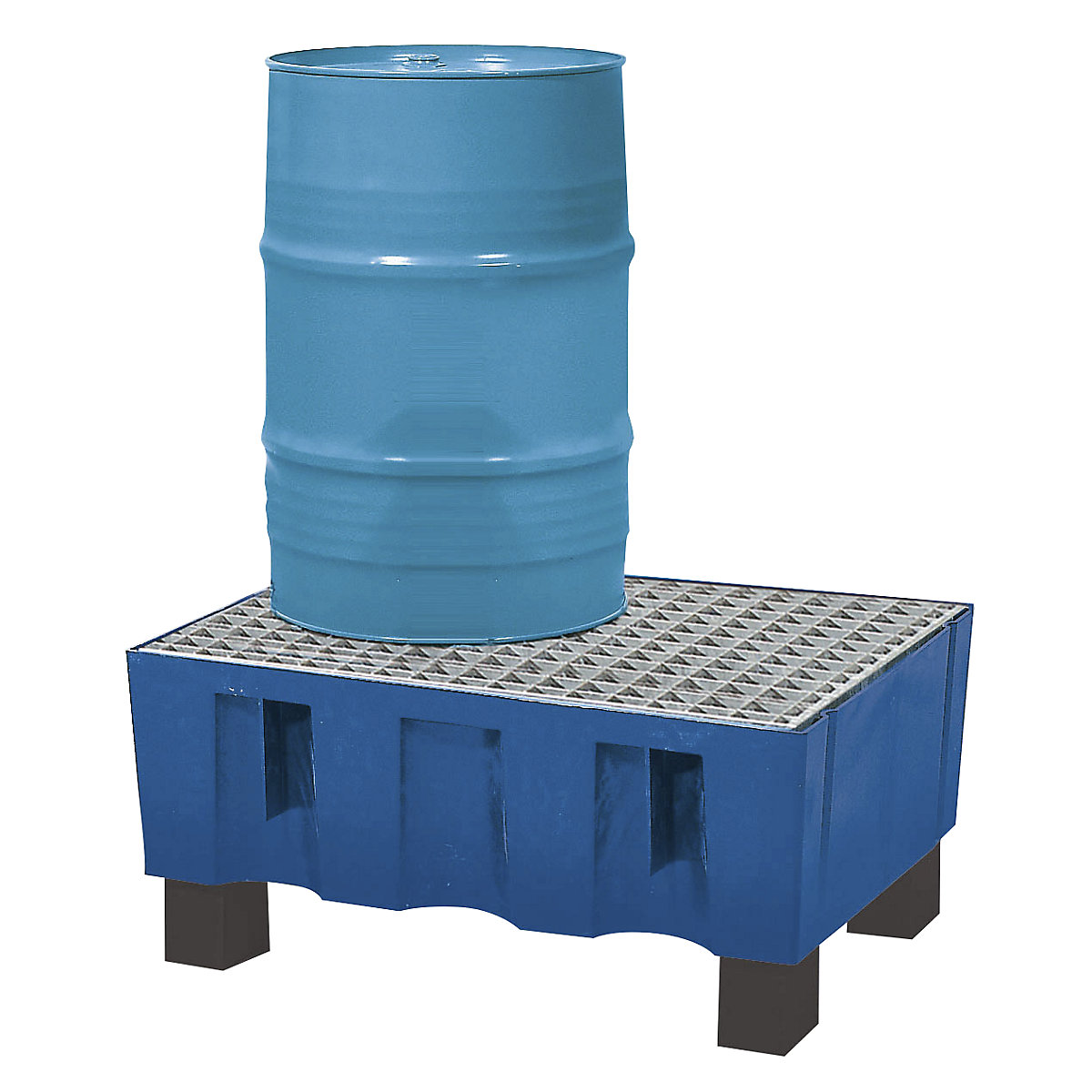 PE-Auffangwanne für 60-Liter-Fässer, Auffangvolumen 60 l, mit vier Füßen, mit verzinktem Gitterrost