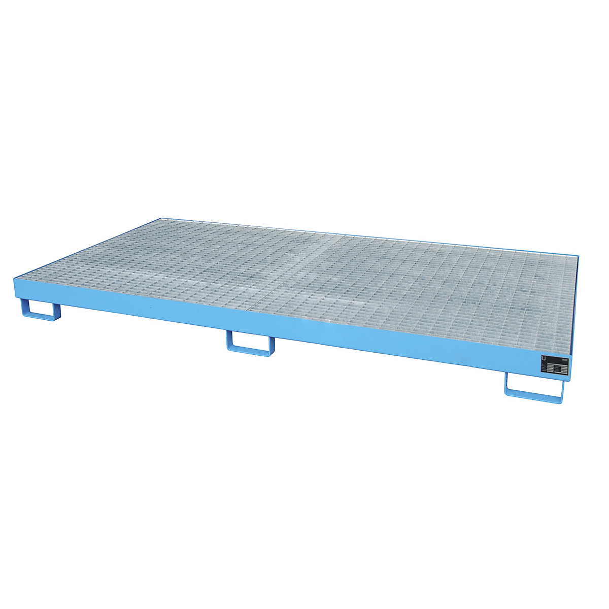 Regal-Bodenwanne eurokraft pro, 240 l Auffangvolumen, LxBxH 2650 x 1300 x 210 mm, mit Gitterrost, blau lackiert