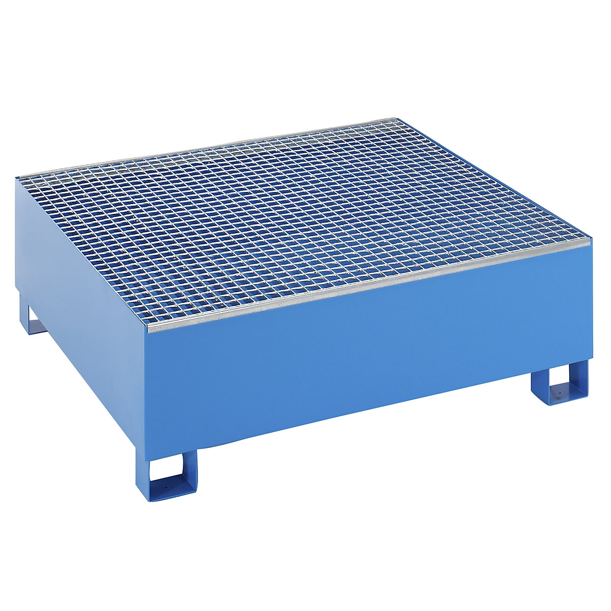 EUROKRAFTbasic Stahl-Auffangwanne für 200-l-Fässer, LxBxH 1200 x 1200 x 415 mm, mit Zulassung, blau pulverbeschichtet, mit Gitterrost
