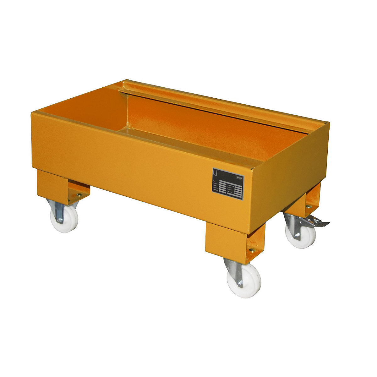 EUROKRAFTpro Stahl-Auffangwanne für 60-l-Fass, fahrbar, LxBxH 800 x 500 x 415 mm, lackiert orange RAL 2000, ohne Gitterrost