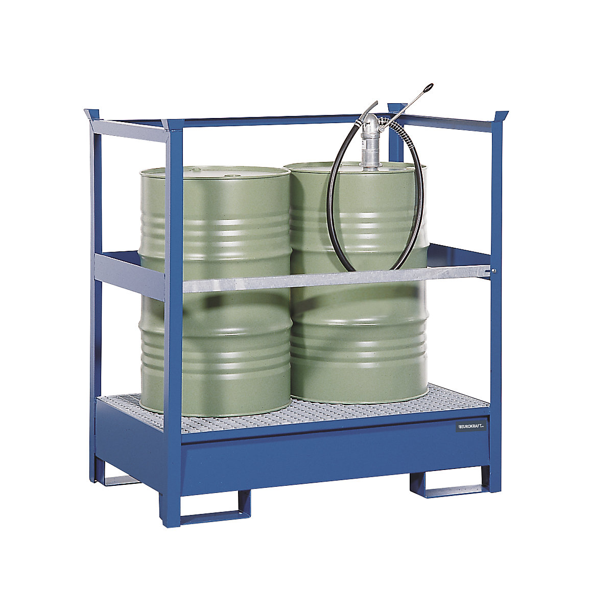 EUROKRAFTpro Fass-Auffangwanne für Transport und Lagerung, Rücken- und Seiten-Stahlrahmen offen, nicht stapelbar, für 2 Fässer, blau