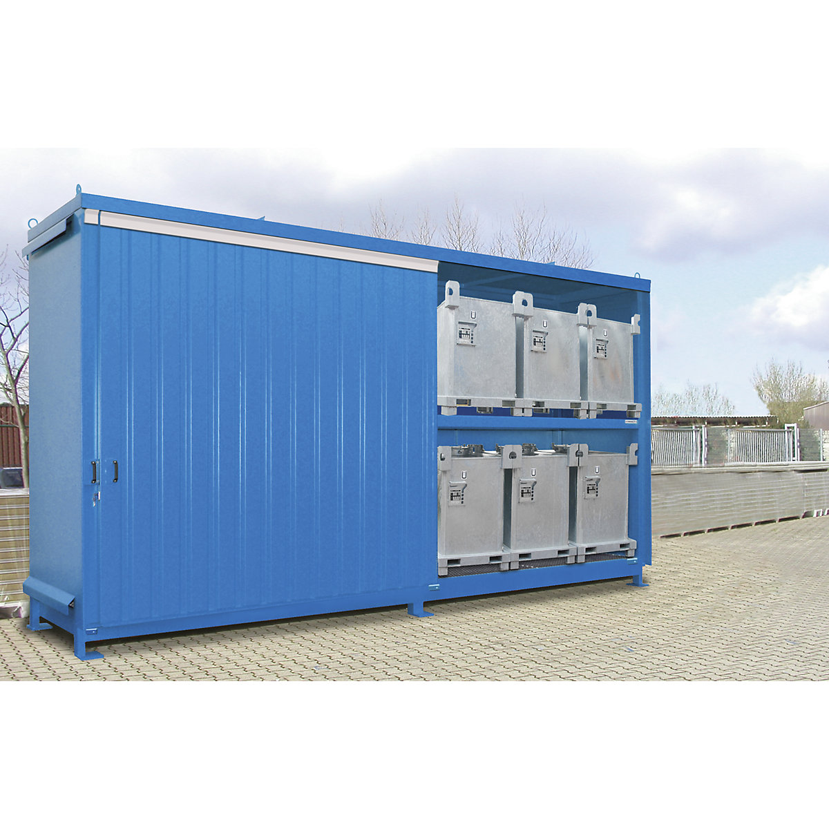 EUROKRAFTpro Gefahrstoff-Regalcontainer, Kapazität 12 x 1000-l-IBC/KTC, blau
