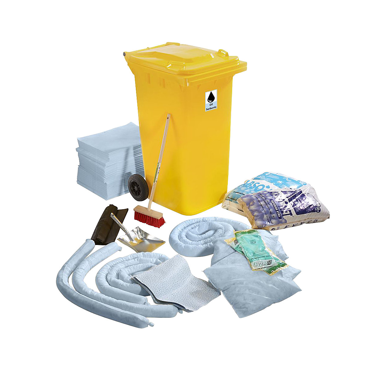 Kit d'urgence anti-fuites, dans un conteneur en plastique, version huile