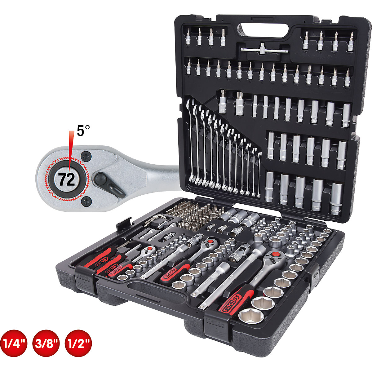 KS Tools – 1/4'' + 3/8'' + 1/2'' socket set, 216 parts, chrome plated matt satin finish