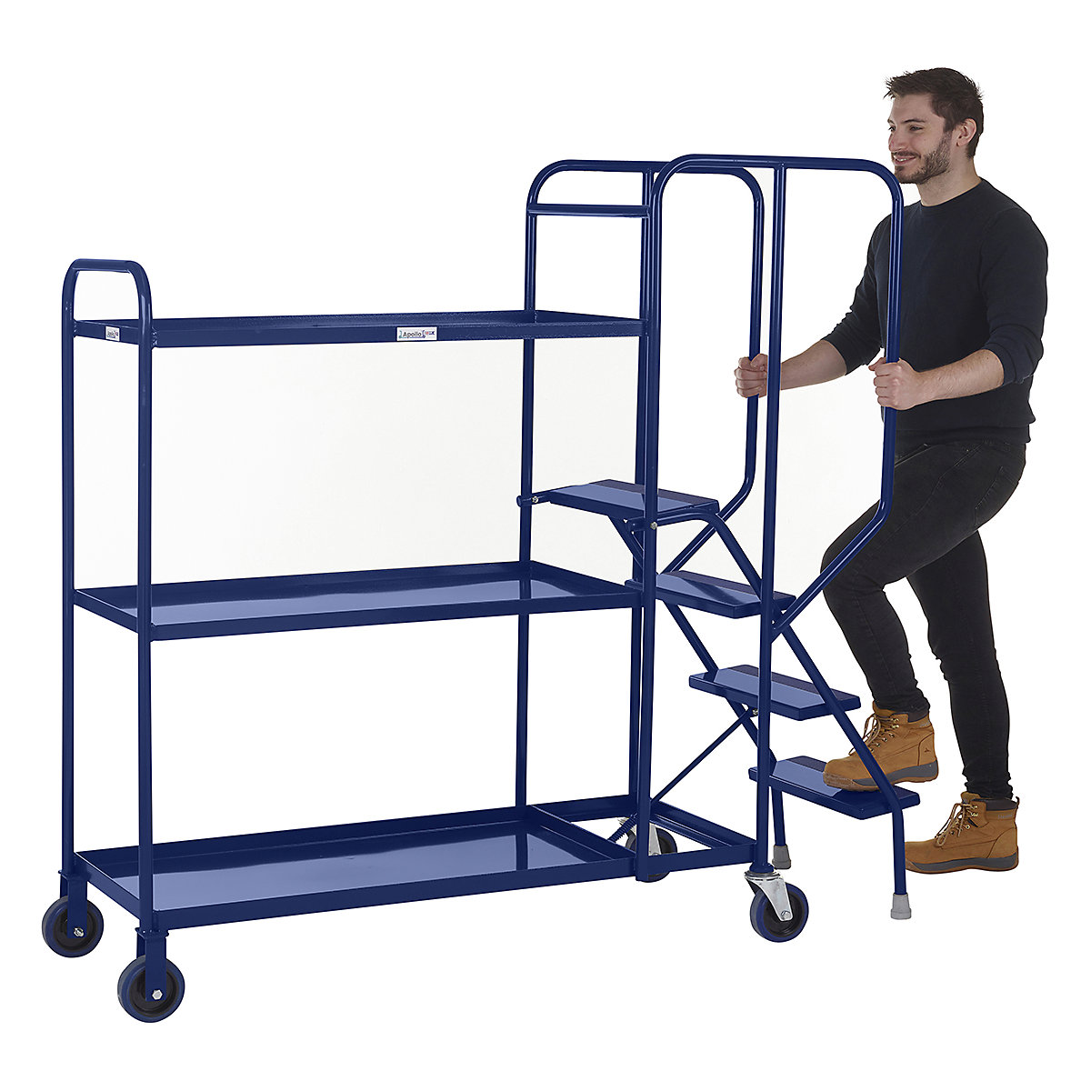 Apollo Stepped Picking Trolley, Apollo Stepped Picking Trolley, Apollo Stepped Picking Trolley | 1570h x 600w x 1750d mm | 4 Step | 3 Steel Shelves | Blue-17