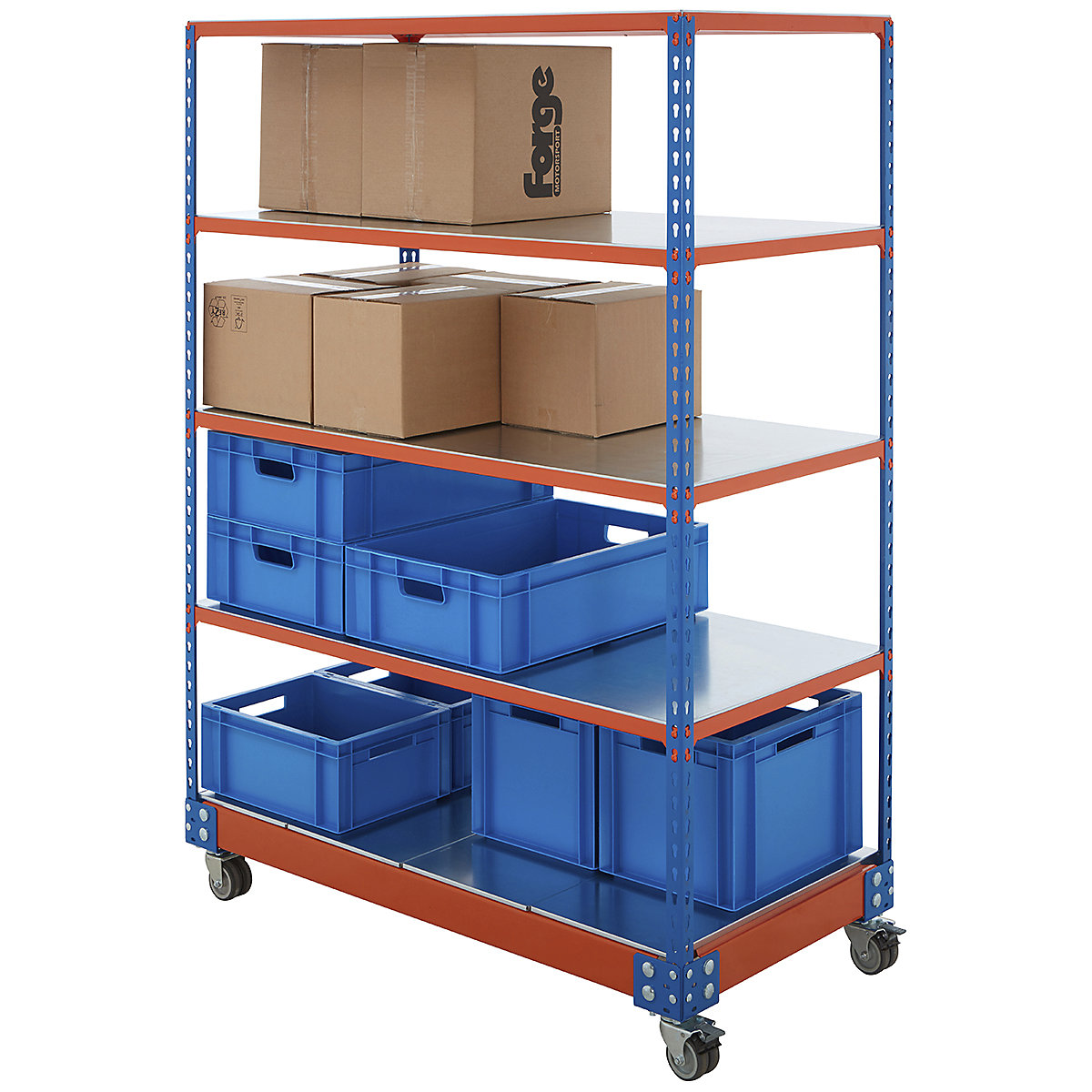 BiG340 Steel Shelf Trolley, BiG340 Steel Shelf Trolley, BiG340 Steel Shelf Trolley 1720h x 1220w x 610d mm with 5 Levels 200kg SWL Blue & Orange-5