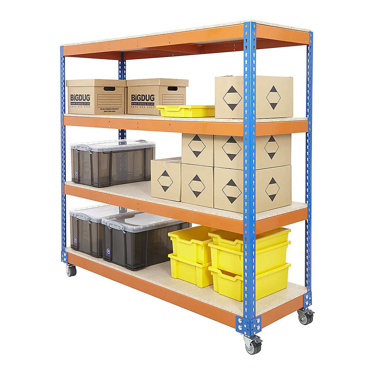 BiG400 Blue & Orange Mobile Shelf Trolleys With Chipboard Shelves