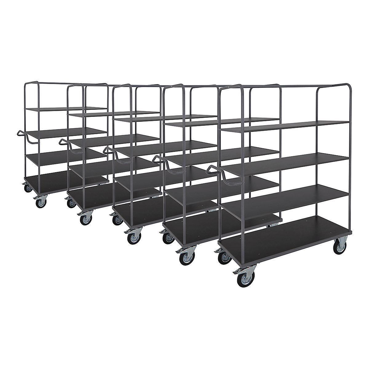 BiGDUG Four Level Heavy Duty Shelf Trolley Mega Deal, BiGDUG Four Level Heavy Duty Shelf Trolley Mega Deal, 5 x BiGDUG Four Level Heavy Duty Shelf Trolley Mega Deal | 1200w x 700d mm | Heavy Duty 2 Swivel & 2 Swivel/Braked Castors | Eco Grey | 500kg UDL-1