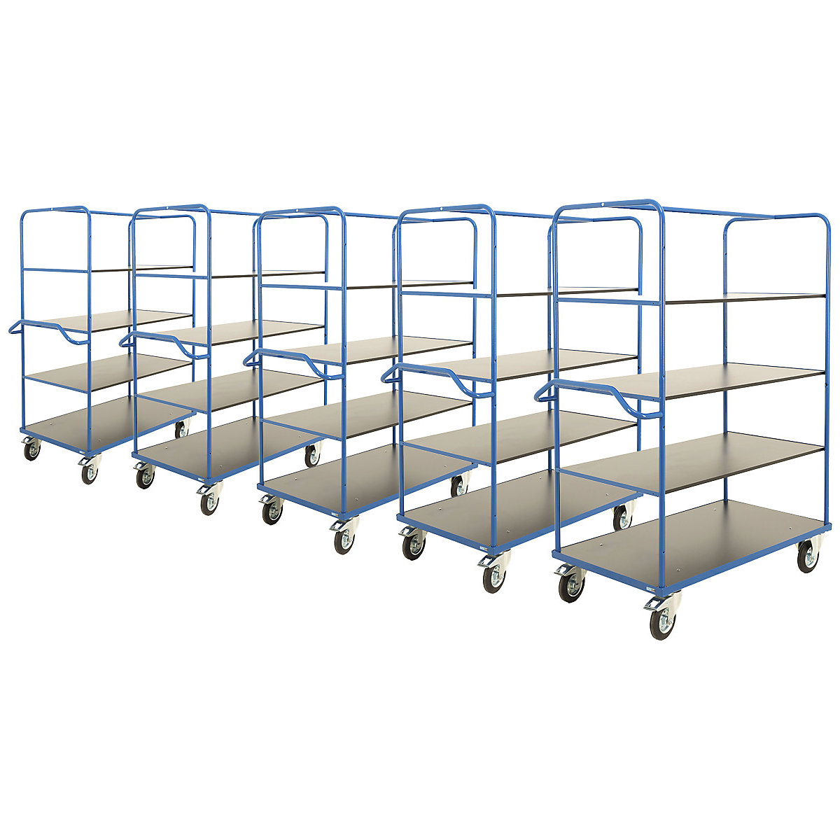 BiGDUG Four Level Heavy Duty Shelf Trolley Mega Deal, BiGDUG Four Level Heavy Duty Shelf Trolley Mega Deal, 5 x BiGDUG Four Level Heavy Duty Shelf Trolley Mega Deal | 1200w x 700d mm | Standard 2 Swivel & 2 Swivel/Braked Castors| Blue | 300kg UDL-3