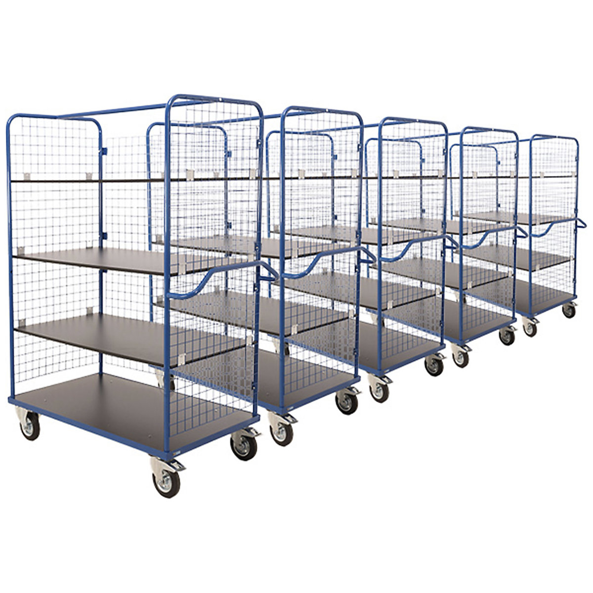 BiGDUG Four Level Heavy Duty Shelf Trolley Mega Deal, BiGDUG Four Level Heavy Duty Shelf Trolley Mega Deal, 5 x BiGDUG Four Level Heavy Duty Mesh Shelf Trolley Mega Deal | 1200w x 700d mm | Standard 2 Swivel & 2 Swivel/Braked Castors | Blue | 300kg UDL-2