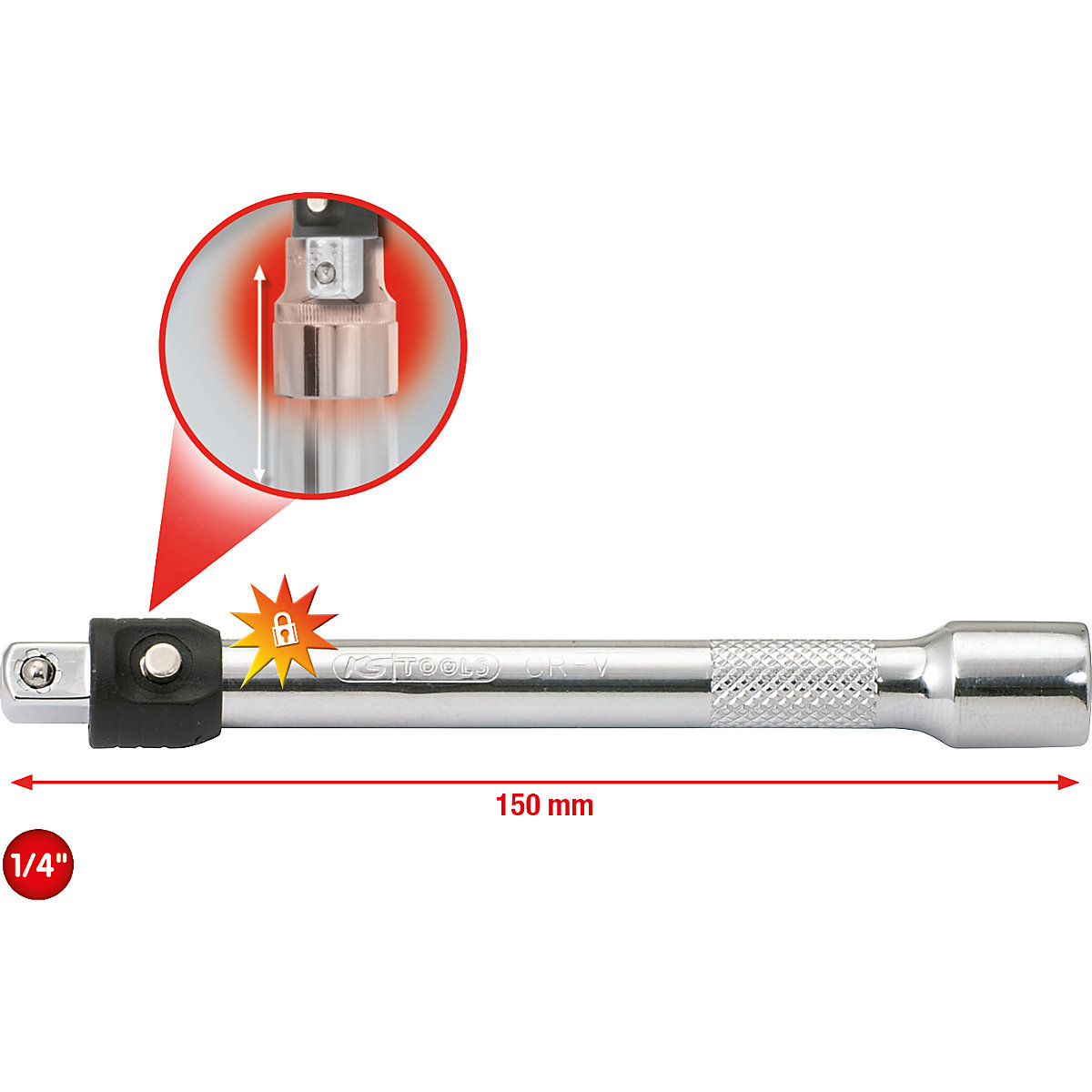 KS Tools 1/4'' CHROMEplus Verlängerung, mit Verriegelung, Länge 150 mm