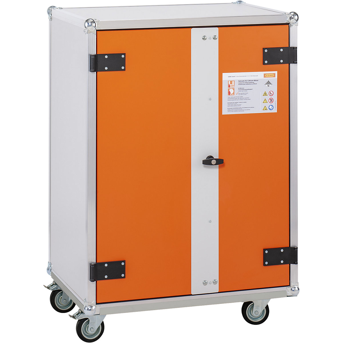 PREMIUM safety battery charging cabinet – CEMO, with castors, height 1150 mm, 230 V, orange/grey-1