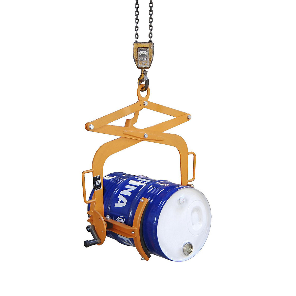 Drum tilting clamp – eurokraft pro, for 60 l steel bung drums and drums with lids, orange-2