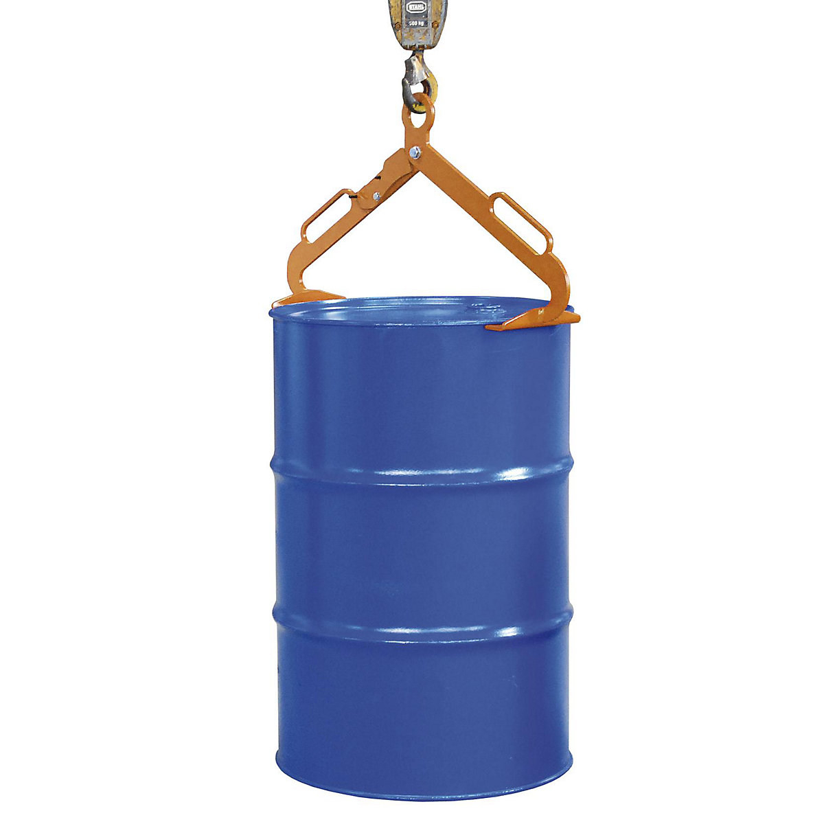 Drum tong – eurokraft pro, for upright 200 l drums, orange-1