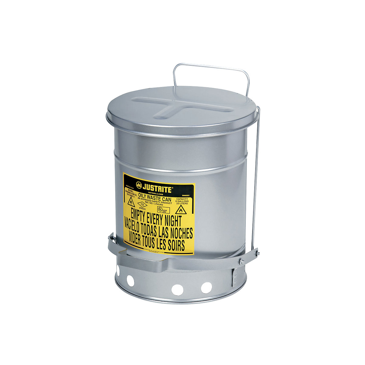 Low noise SoundGard™ safety disposal cans – Justrite, lid closes softly and quietly, painted silver, capacity 52 l-7